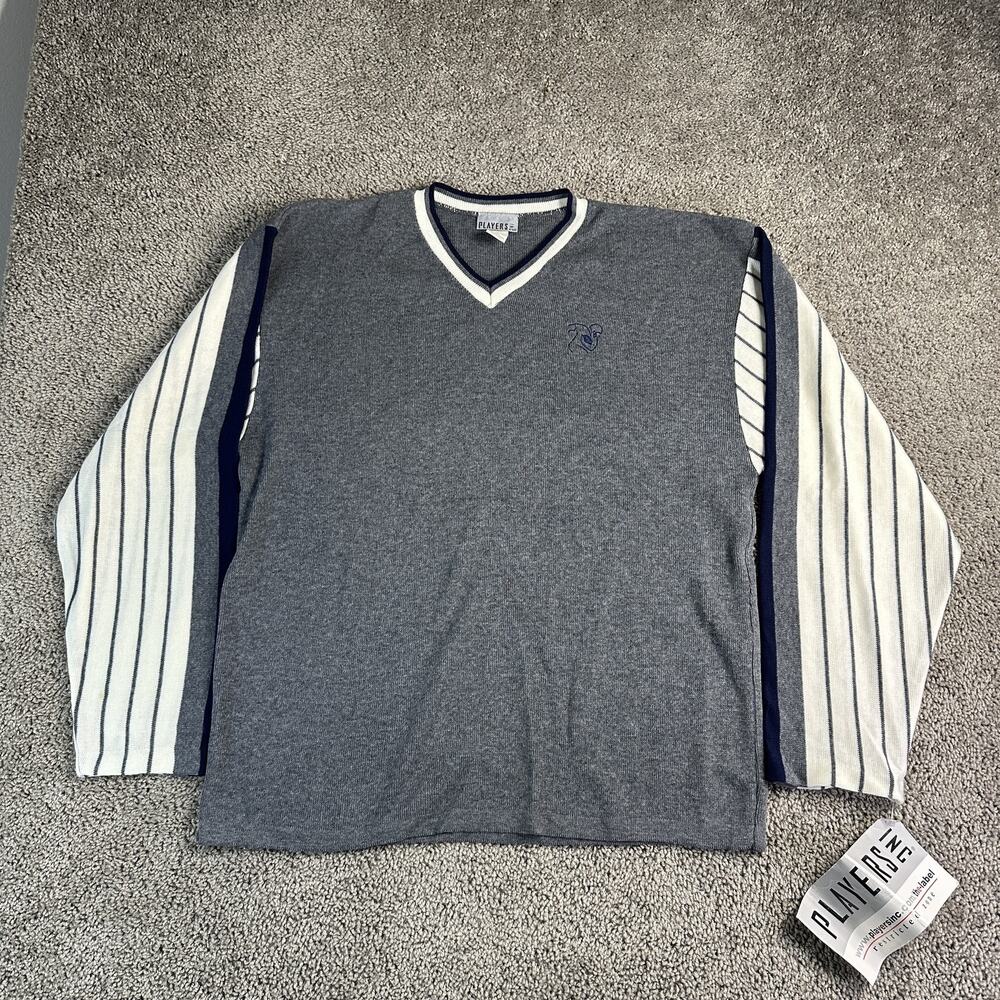 Players Inc Sweater Mens XL Charcoal Gray Stripe Knit Pullover Ram Logo New USA